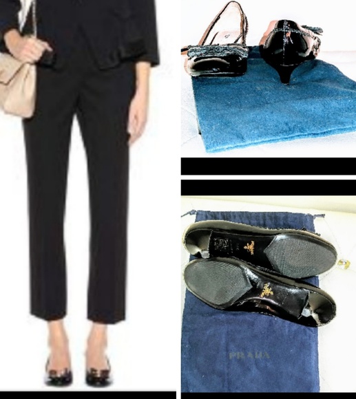 Prada black stretch patent leather bow kitten heel